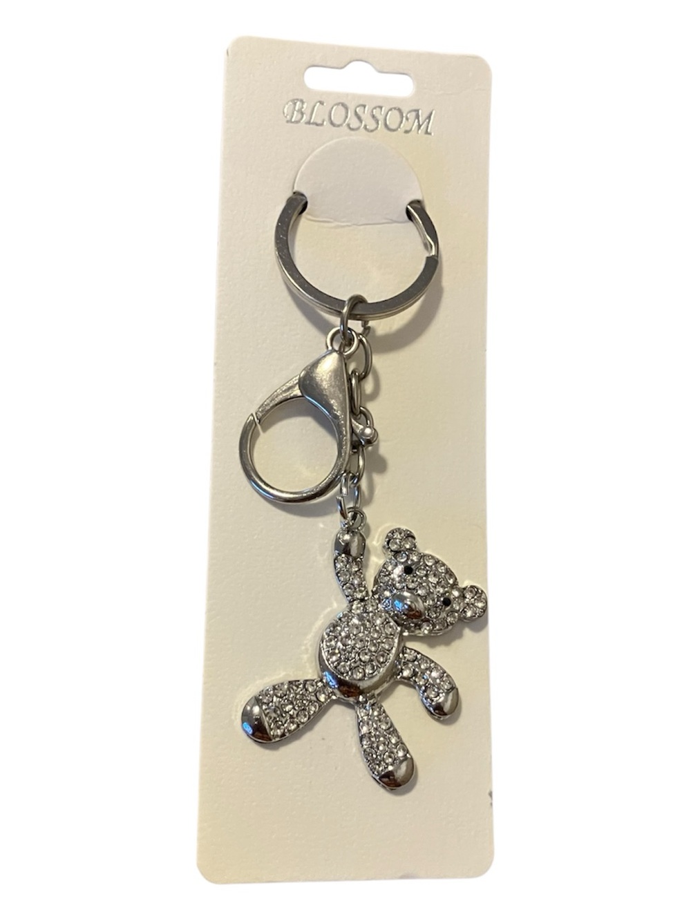 Blossom Crystal Teddy Bear Keychain - Silver Rhinestone Charm